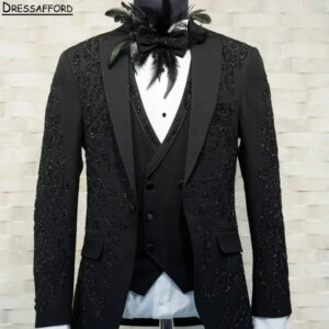 Black Formal Men Business Handmade Beading Occasion Tuxedos Grooms Wedding Party Prom Male Suit 3 Piece Set Blazer Vest Pants