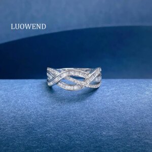 LUOWEND 100% 18K White Gold Rings Fashion Line Style 0.40carat Real Natural Diamond Engagement Ring for Women Wedding Jewelry