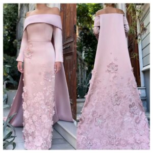 Customized Elegant Pink Satin Evening Dress Modern Boat Neck Off the Shoulder Long Sleeves Party Dress Fashion Celebrity Gowns