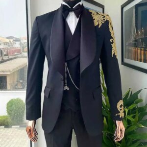 3 Piece Tuxedo for Men Suit Slim Fit Groom Handmade Applique Customized Wedding Formal Tailored Party Wear Jacket Vest Pants