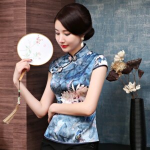 Summer Retro Chinese Style Printed Improved High Quality Real Silk Cheongsam Qipao Women’s Dress Top Suit