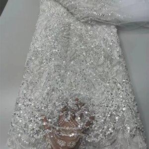 White Laces Fabric For African Wedding Luxury Beaded Lace High Quality Fabric 2025 Nigerian Sequin Lace Fabric Embroidery A950-1