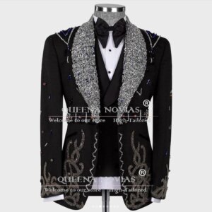 Glitter Beaded Stone Suits Men Formal Occasion Party Wedding Groom Tuxedo Customized 3-Piece Business terno masculino completo