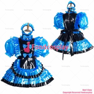 fondcosplay adult sexy cross dressing sissy maid blue clear pvc dress lockable Uniform black apron costume CD/TV[G3770]