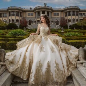 Customized Gold Sweetheart Beaded Quinceanera Dresses With Long Sleeve Princess Sweet 16 15 Ball Gowns Vestidos De Fiesta YQD39