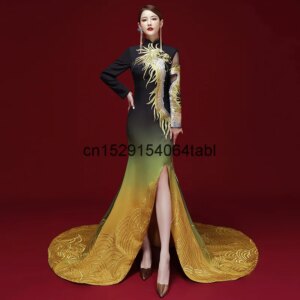 Black Cheongsam Fashion Show, High-end Performance Costume, Chinese Style Host Evening Gown, Female Dignified, Han Fu