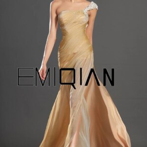 High Slit One Shoulder Evening Gown Pearls Strap Chiffon Evening Dress