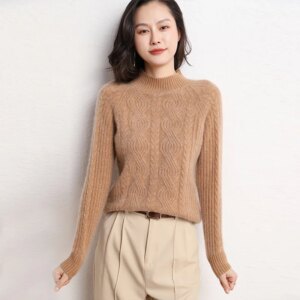 High Quality Sweater Autumn and Winter New Pure Color Half Collar Women’s Twisted Flower Thick Loose Sweaters Base