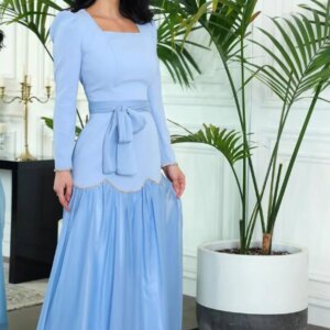 Customized A-Line Prom Dresses Ankle-Length Square Collar Full Sleeve Evening Dresses Simple Fashion Bow Sashes Lace Up