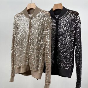 High Quality Ladies Thin Sequins Hollow Long Sleeve Cardigan Jacket