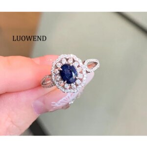 LUOWEND 100% 18K White Gold Rings Vintage Palace Style Shiny Diamond Natural Sapphire Ring for Women High Wedding Jewelry
