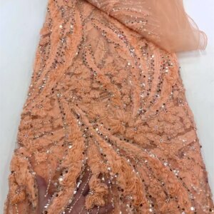 African Lace Fabric 2025 Sequins Beaded Embroidery Peach Nigerian Bridal High Quality French Tulle Lace Fabric For Dress W477-1