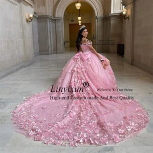 Luxury 3D Flowers Ball Gown Quinceanera Dresses Appliques Lace Sweet 16 Gowns Off Shoulder Mexican Birthday Vestidos De 15 Años