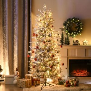 6ft Tall Prelit Artificial Christmas Tree Holiday Dr with 636 Snow Flocked Branches 250 Warm Yellow Clear Lights Auto Open Extr