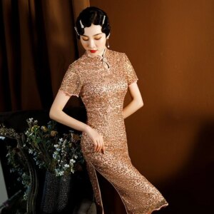 Women’s lace beaded evening dress modified slim-fit cover buttock party