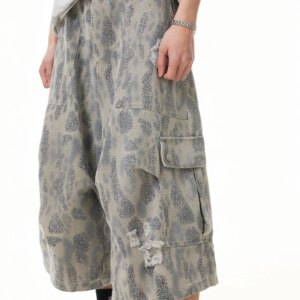 American Retro Multi-Pocket Broken Leopard Print Cropped Trousers Street Hip-Hop Loose Wide Leg Leisure Middle Pants Fashion