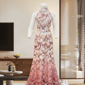 Fashion Evening Pink Bead Lace Long Dress Women’s Summer Hanging Neck Dress