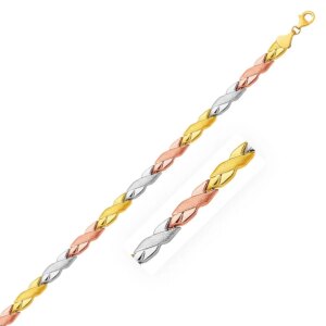 14k TriColor Gold Shiny and Textured X Link Bracelet