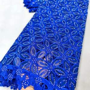 Royal Blue Chiffon Fabric 5 Yards African Organza Cord Lace Fabric with Stones Embroidery Bridal Lace Fabrics Nigerian Laceq11-1