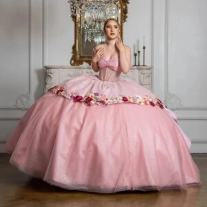Pink Shiny Ball Gown Quinceanera Dress 2025 Appliques Flowers Beads Crystal Tull Off Shoulder Sweet 15 16 Years Vestidos De XV