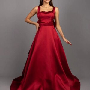 Prom Dresses 2025 Rose Red Party Dress Satin Open Back Sexy Bow Evening Dresses A-Line Satin Square Neck Sweep Train Customized