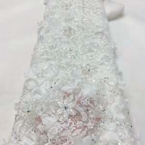 5 Yards White African 3D Flower Beads Lace Fabric 2024 High Quality French Nigerian Embroidery Tulle Fabric For Wedding Dress