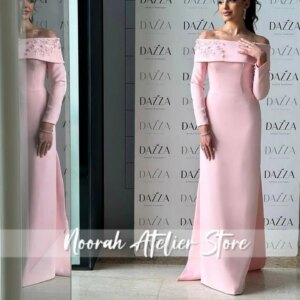 New Elegant Pink Boat N Long Sleeves Dubai Evening Dresses 2025 Wedding Gown Prom Dress فساتين سهرة Formal Dress Customized