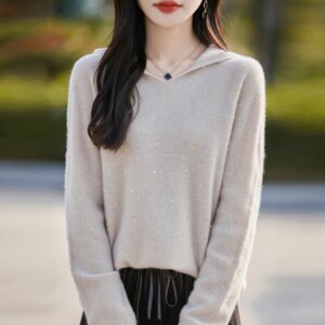 Women’s Autumn and Winter Clothing Hooded Collar Pullover 100% Merino Wool Sweater New Fashion Cashmere Top Base Knit Soft