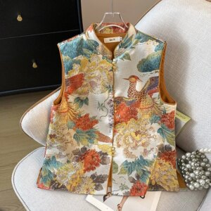New Chinese style small round collar button jacquard brocade heavy industry embroidery vest cardigan coat
