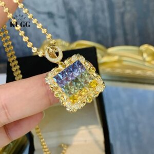 KUGG 100% 18K Yellow Gold Necklace Luxury Design Shiny Diamond Natural Color Sapphire Pendant Necklace for Women High Jewelry