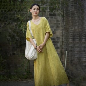 Homemade Ramie Hand Tie-Dyed Stone Washed Gown Dress Temperament Artistic Short Sleeve Skirt