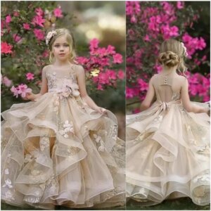 Flower Girl Dresses for Wedding 3D Floral Appliques Floor Length Girl Kids Birthday Party First Holy Communion Gown Ruffles