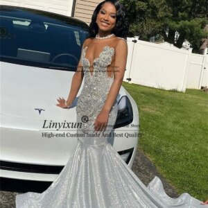 Customized Long Silver Mermaid Prom Dress With Luxury Beaded Crystals Evening Gowns Sexy Black Girls Party Robes De Soiree