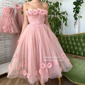 Strapless A Line Prom Dresses Handmade Flowers Party Gown Tea Length Short Women’s فساتين حفلة موسيقية Party Dresses