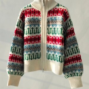 Autumn Cashmere Cardigan Coat For Woman Colourful Jacquard Zipper Turtleneck Long Sleeve Knitted Sweater Winter L*P