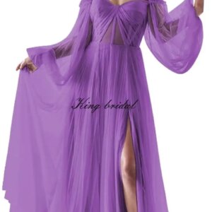 Custom Made Women’s Puffy Long Sleeve Prom Dresses with Slit Off Shoulder Tulle Wedding Formal Evening Gowns See Through Gown