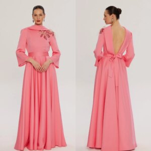 Customized Jersey Sequined Flower Feather Ruched Celebrity A-line High Collar Bespoke Occasion Gown Long Dresses