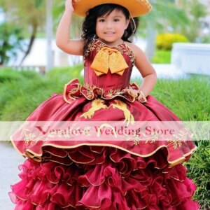 Red Embroidery Charro Ball Gown Toddler Little Girls Pageant Prom Dress for Kid Organza Ruffles Corset Back Mini Charrita
