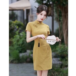 Pure Yellow Jacquard Cotton Short Cheongsam Qi Pao Summer New Fashion Improvement Young Girl Daily Skirt