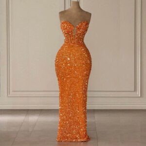 Luxury Orange Sequined Sleeveless Prom Dresses Strapless Floor Length Mermaid For Special Occasion Chic Evening Dress 2024
