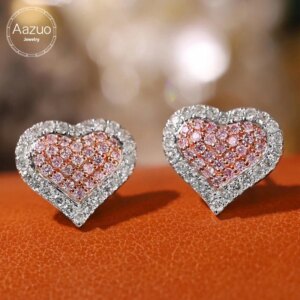 Aazuo Real 18K Solid White Gold Real Pink & White Diamonds Lovely Heart Shape Stud Earring Gifted For Women Wedding Party Au750