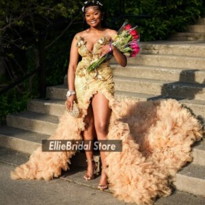 Sexy Gold Prom Dresses For Black Girls 2025 Applique Long Mermaid Party Dress Ruffles African Evening Gowns Customized