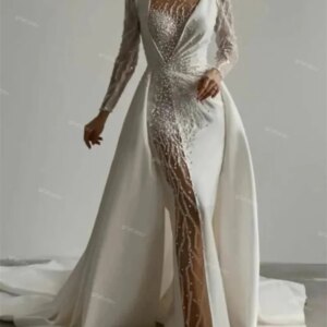 Magnificent Ivory Dubai Beaded Pearl Mermaid Wedding Dress with Overskirt See Through Long Sleeve Court Train Bridal Gown noiva