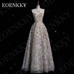 EOENKKY Gorgeous Prom Dress 3D Flower Floor Length Sweetheart Strapless Formal Graduation Gown A Line Customized فساتين سهرة