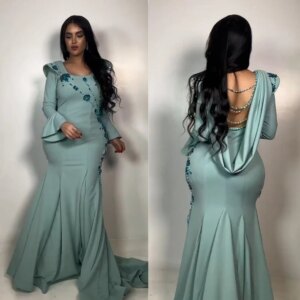 Customized Formal Modern Style Evening O-Neck Trumpet / Mermaid Beading Floor-Length Satin Dresses