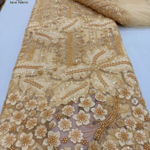 African Nigeria High-Quality Sequins Beaded Embroidery Tulle Lace Fabric 2025 Dress Beads Stone 5 Yards for Wedding Party Dress