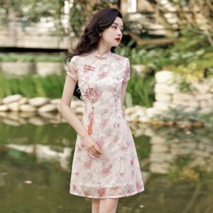 New Chiffon Jacquard Peony Sweet Style Girl Dress Improved Everyday Young Cheongsam