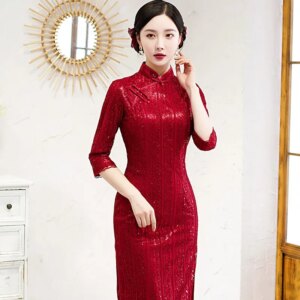 Red mid-length standing collar Chinese style wedding toasting dress cheongsam dinner