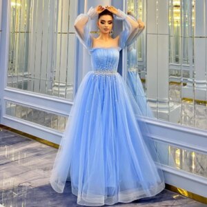 Customized Organza Sequined Ruched Homecoming A-line Square Neck Bespoke Occasion Gown Long Dresses