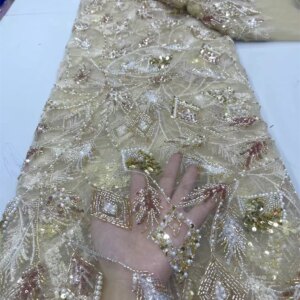 Gold Luxury Elegant Handmade Embroidery Sequins Beaded Lace High Quality African Sequins Lace Fabric for Wedding Sewing